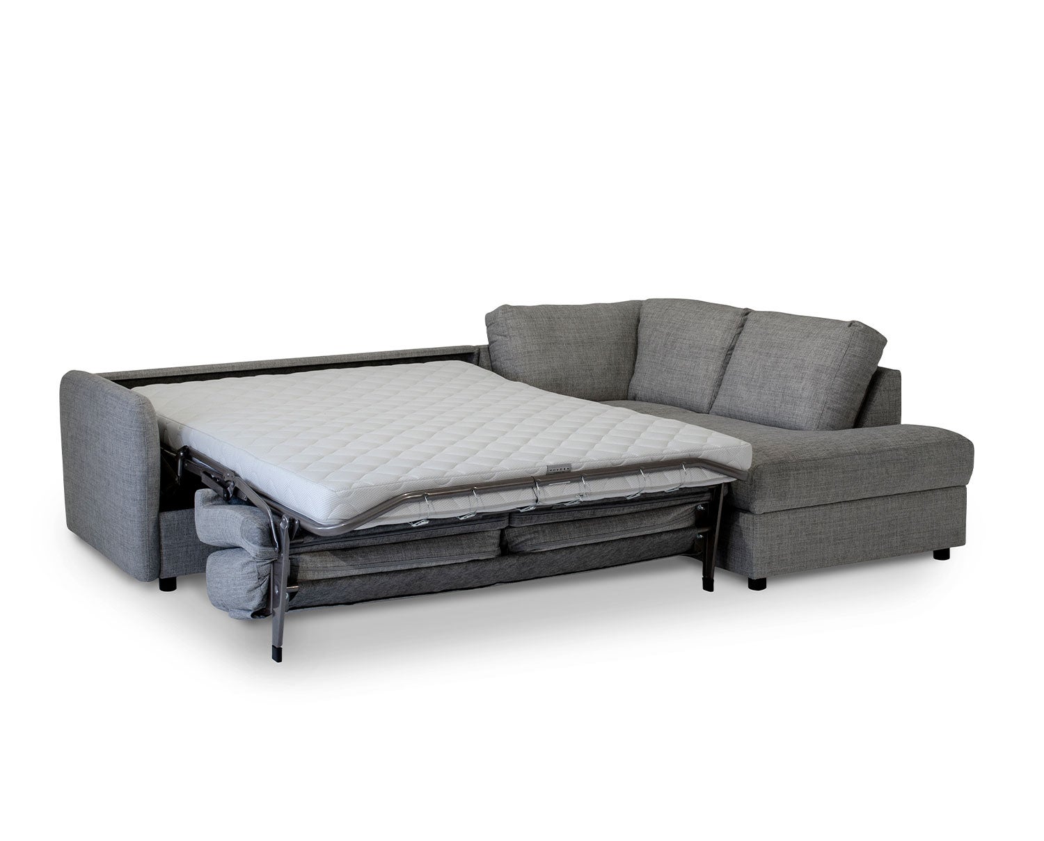 Bäddsoffan mySOFABED från Hovden med öppet avslut i utfällt läge. Bäddsoffan är klädd i ett mörkgrått tyg med armstödet Scandic.