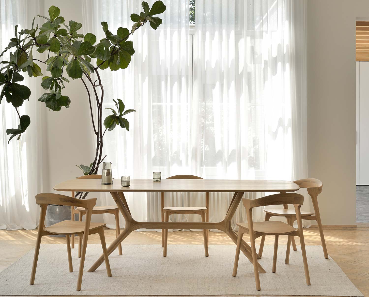 X Matbord med Bok Stol i matplats med skira gardiner och stor fikus