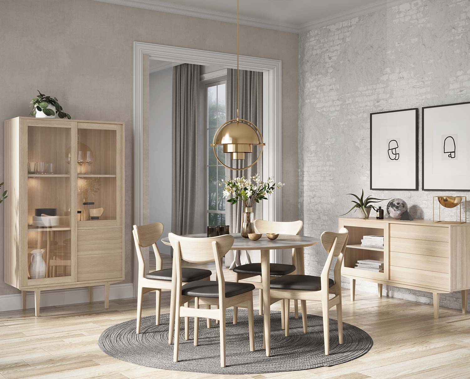 CASØ 901 Matbord, CASØ 901 Vitrinskåp och CASØ 900/901 Skänk med dörr i matsalsmiljö