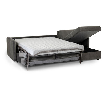 Bäddsoffan mySOFABED från Hovden med divan, klädd i ett mörkgrått tyg med armstöd Scandic i utfällt läge