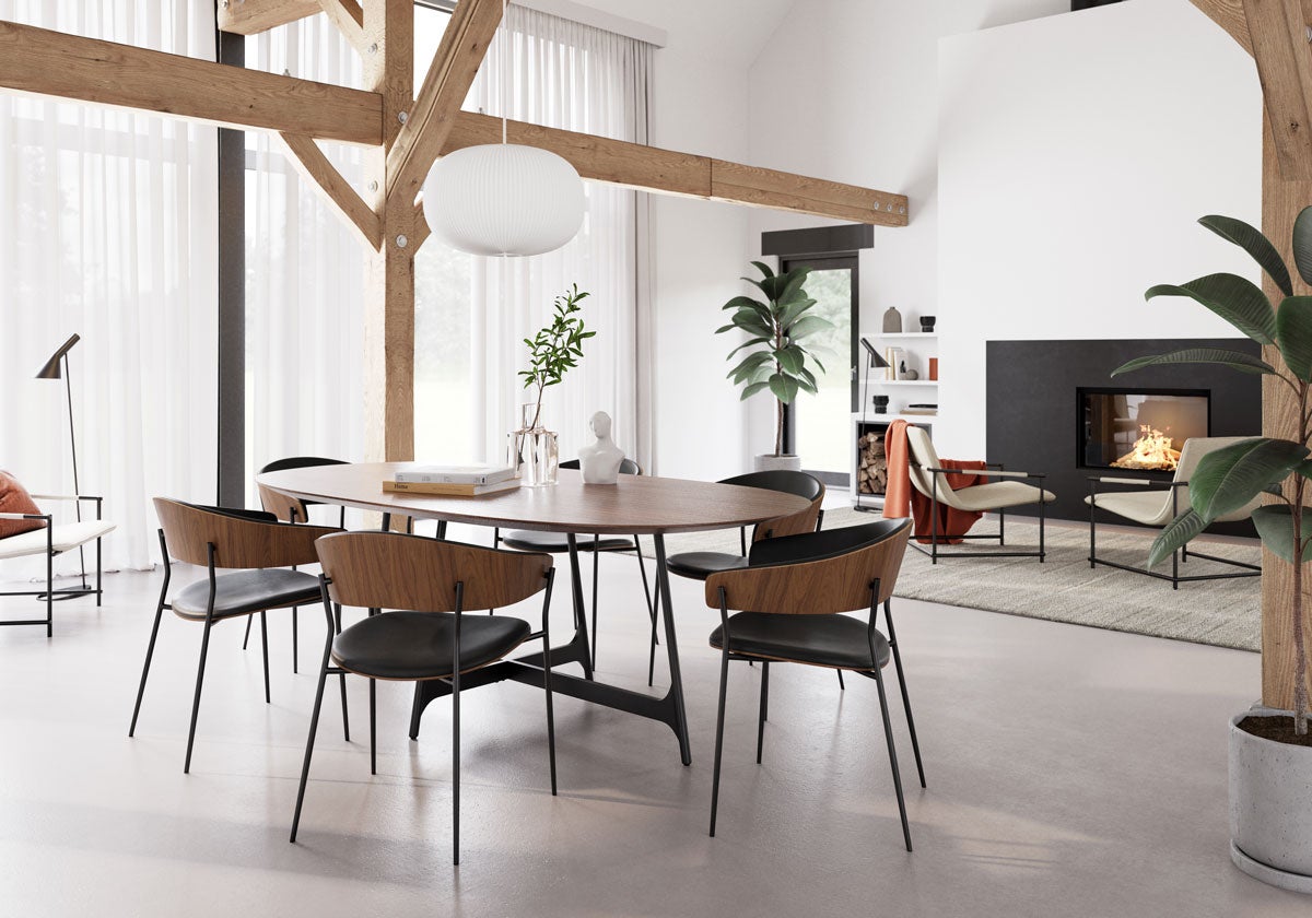 Matbordet Ooid med karmstolen Crib, stående i vardagsrumsmiljö