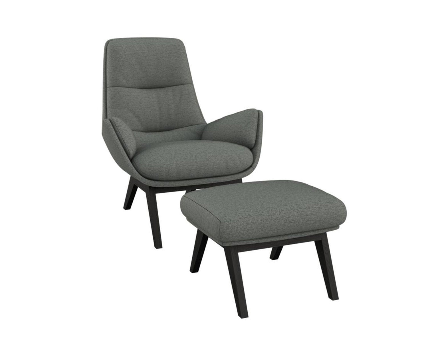 More Fåtölj och fotpall i tyget Copparo Slate Grey med ben i svart ek