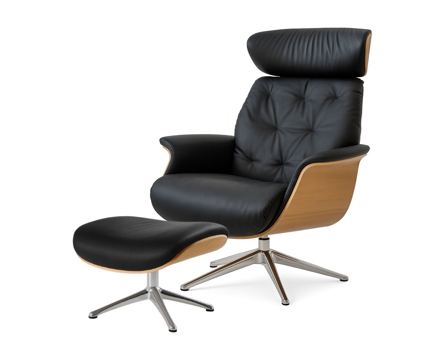 Apollo Fåtölj och fotpall med fanérsidor i ek klädd i lädret Omaha Ink Jet Black med ben i polerad aluminium