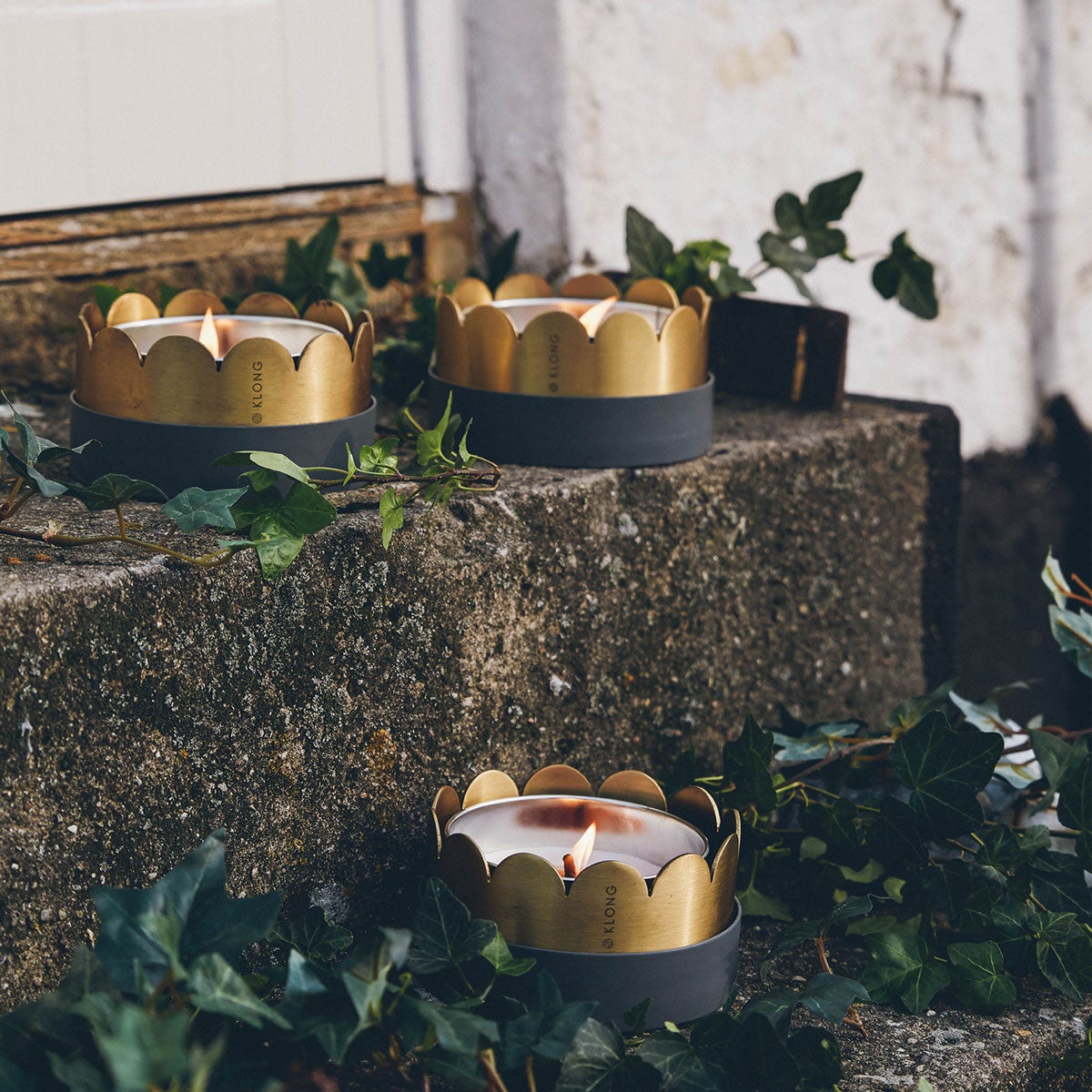 Fira Marschallhållare i grupp om tre på en stentrappa med murgröna