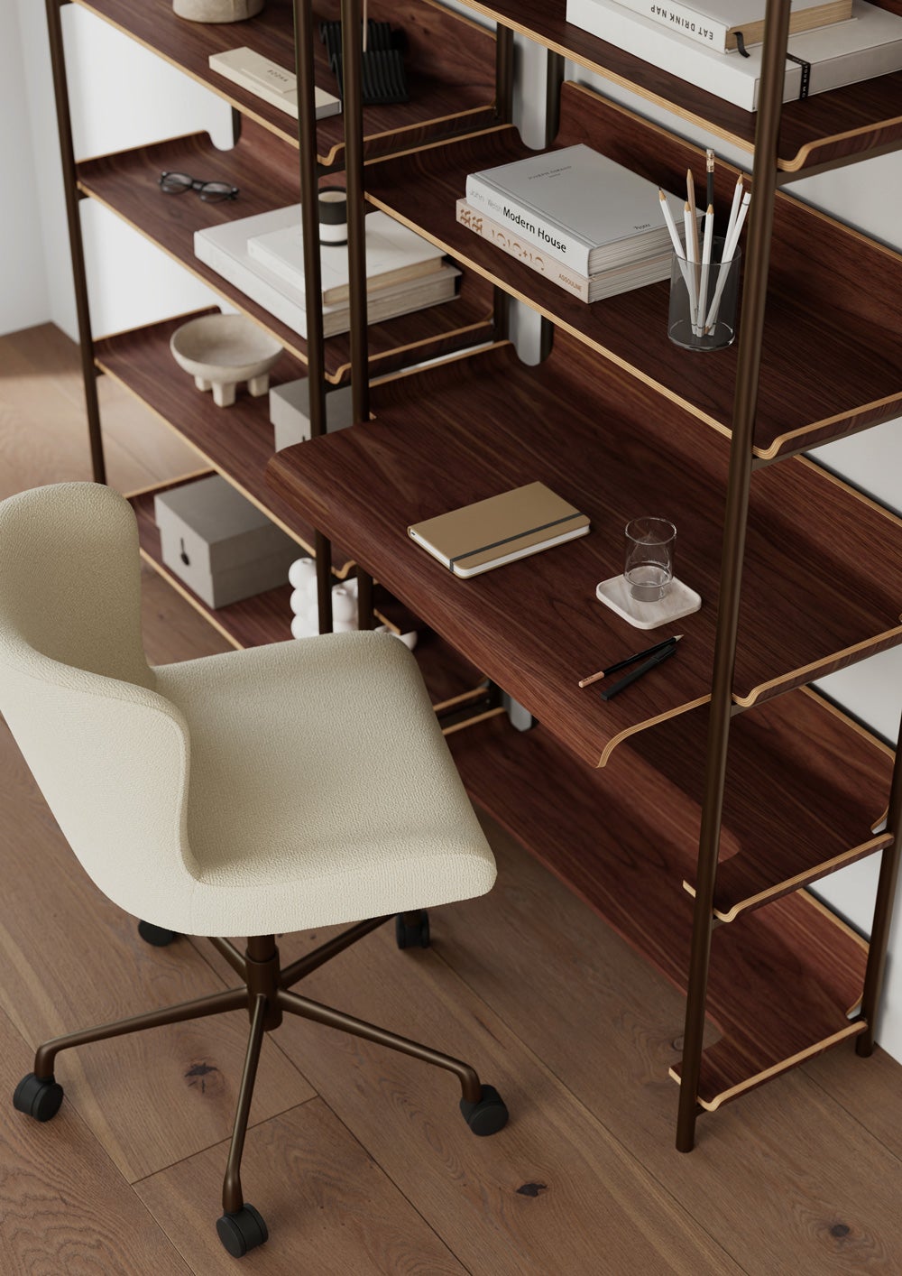 friyay-bokhylla-6-shelves-desk-walnut-veneer-Glam-skrivbordsstol-lifestyle-2