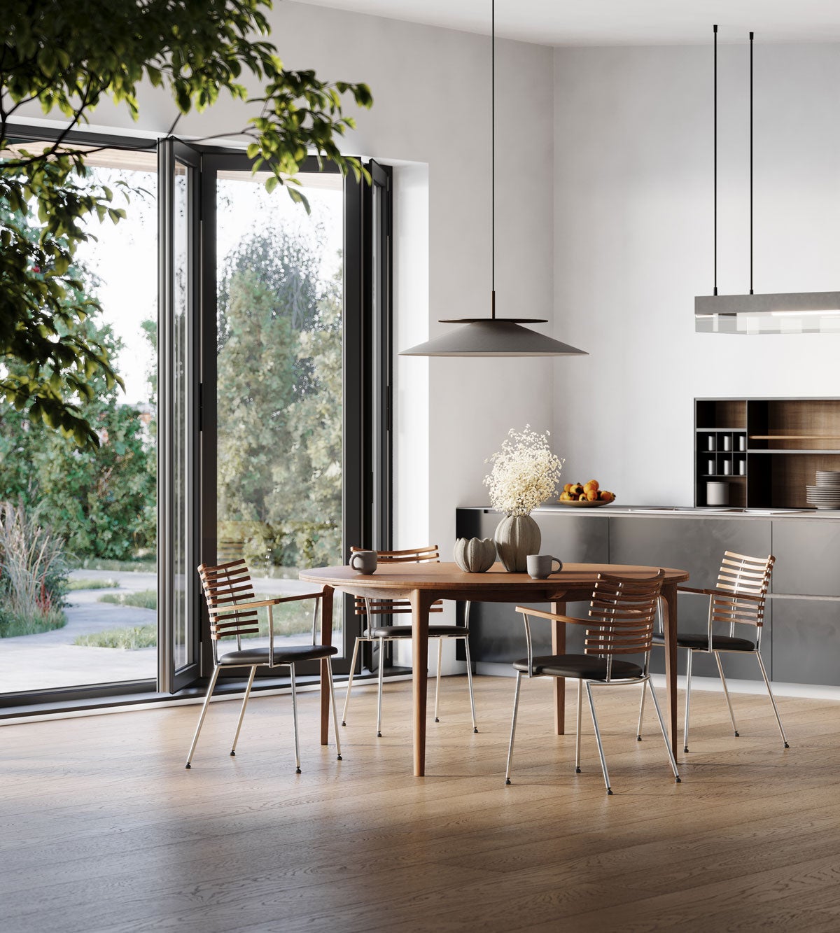 GM 3700 Ro Matbord Runt i kök med stora fönster som vetter ut mot grönskande natur