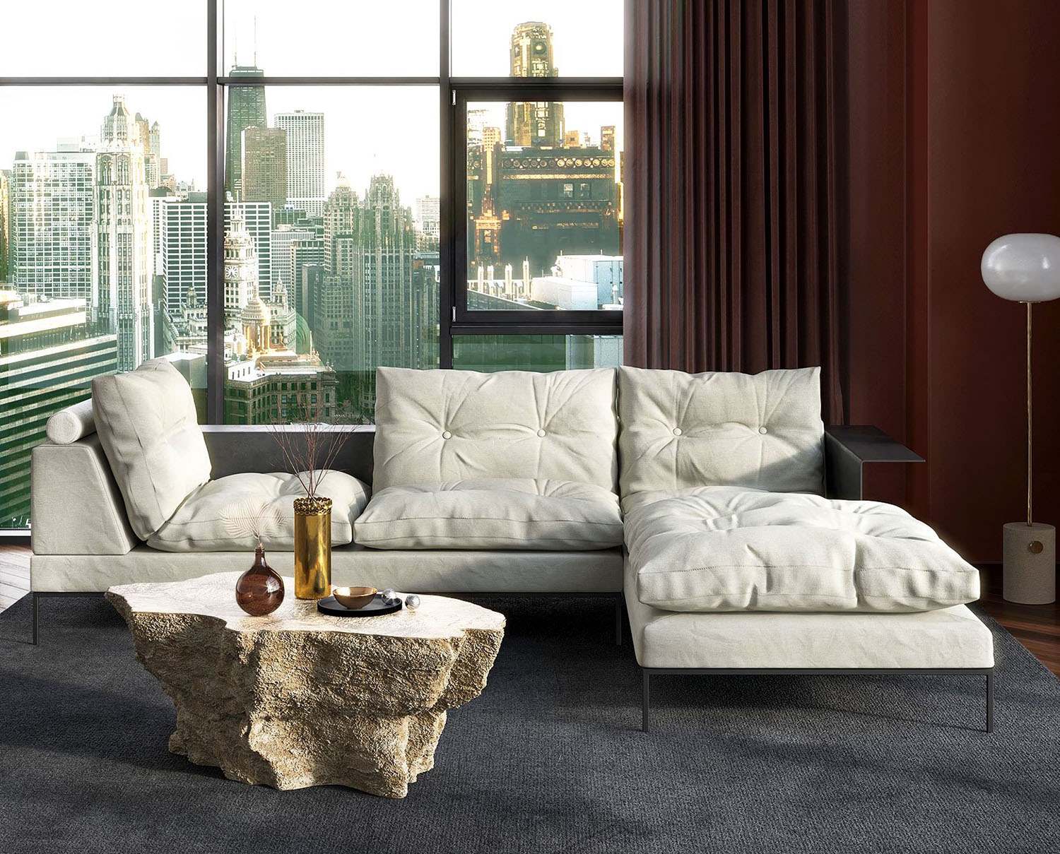 Study Divansoffa 3-sits framför fönster med utsikt över stad med skyskrapor