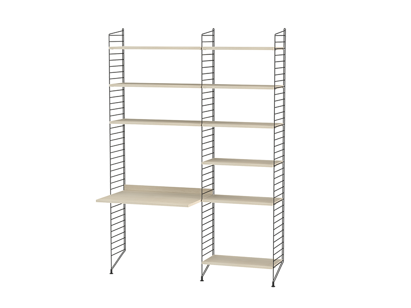 Stringkombination med bokhylla och skrivbord i ask, med svarta trådgavlar