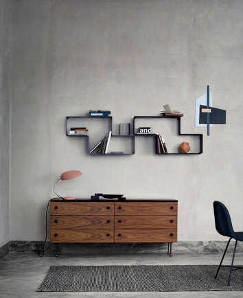 62Dresser_CobraTableLamp_DedalShelf_3DDiningChairFullyUpholsteredCenterBaseHirekShell