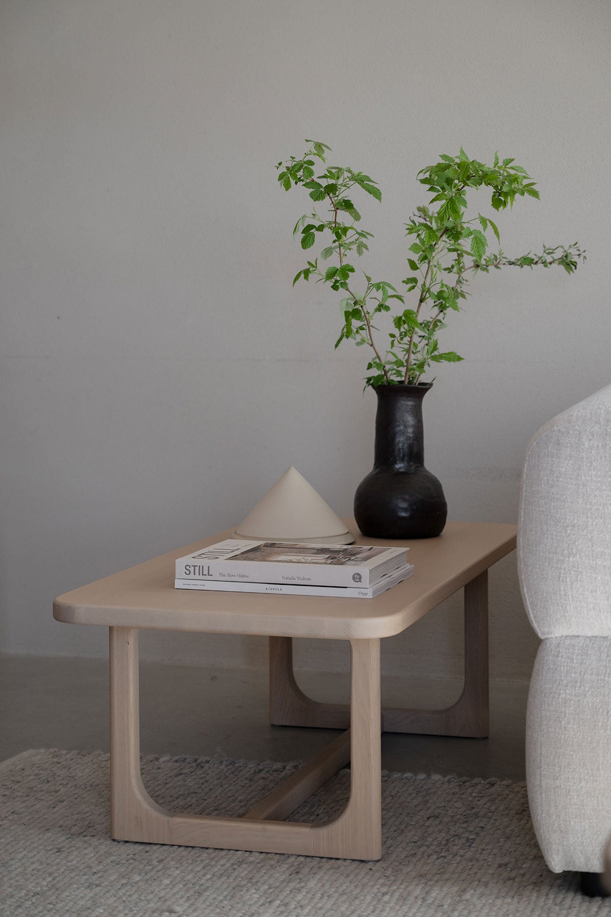 Driscoll Soffbord 103x50 i vitpigmenterad ek med en vas och dekorativa böcker