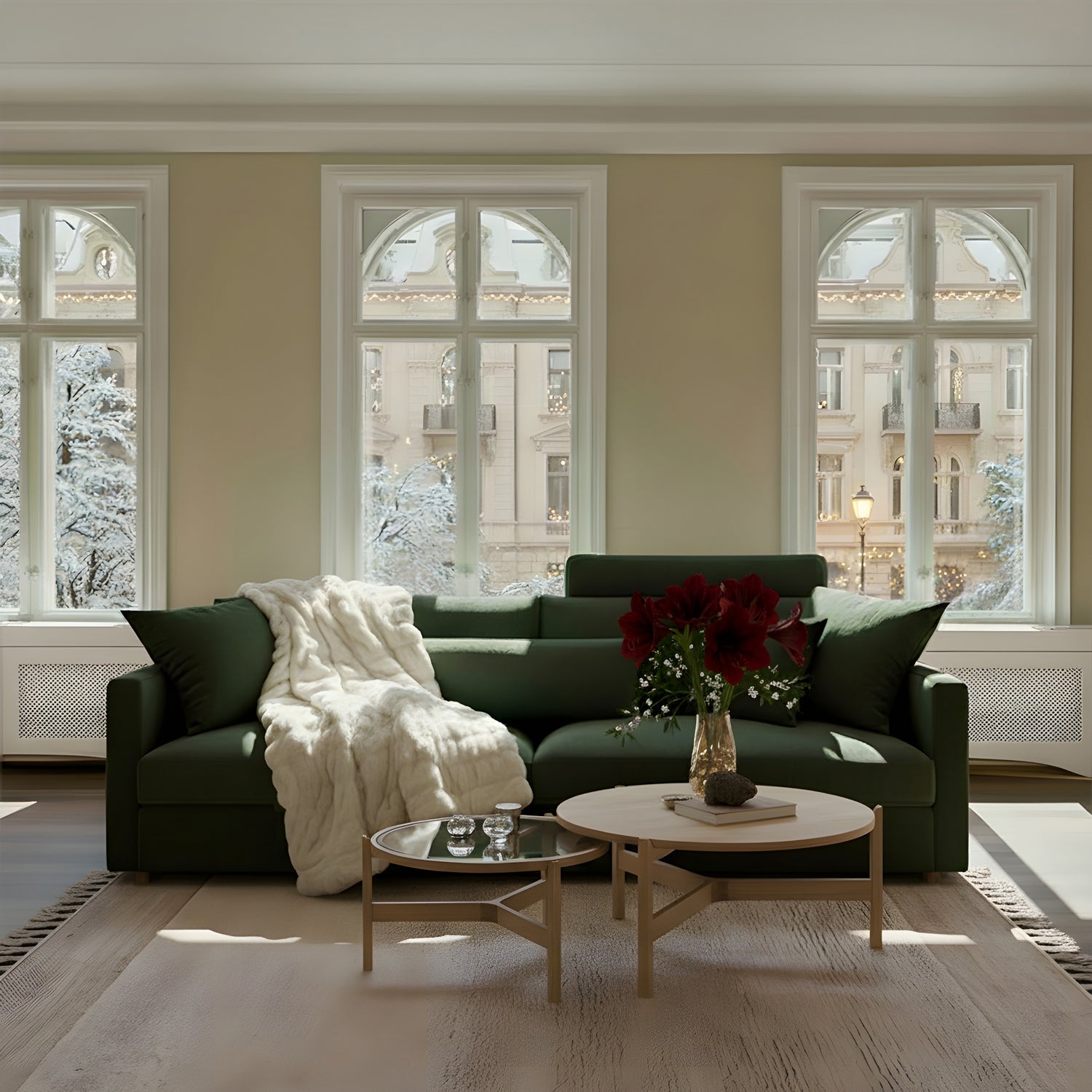 Haven-sofa-4seater-darkgreen-optic-table-winter-lifestyle