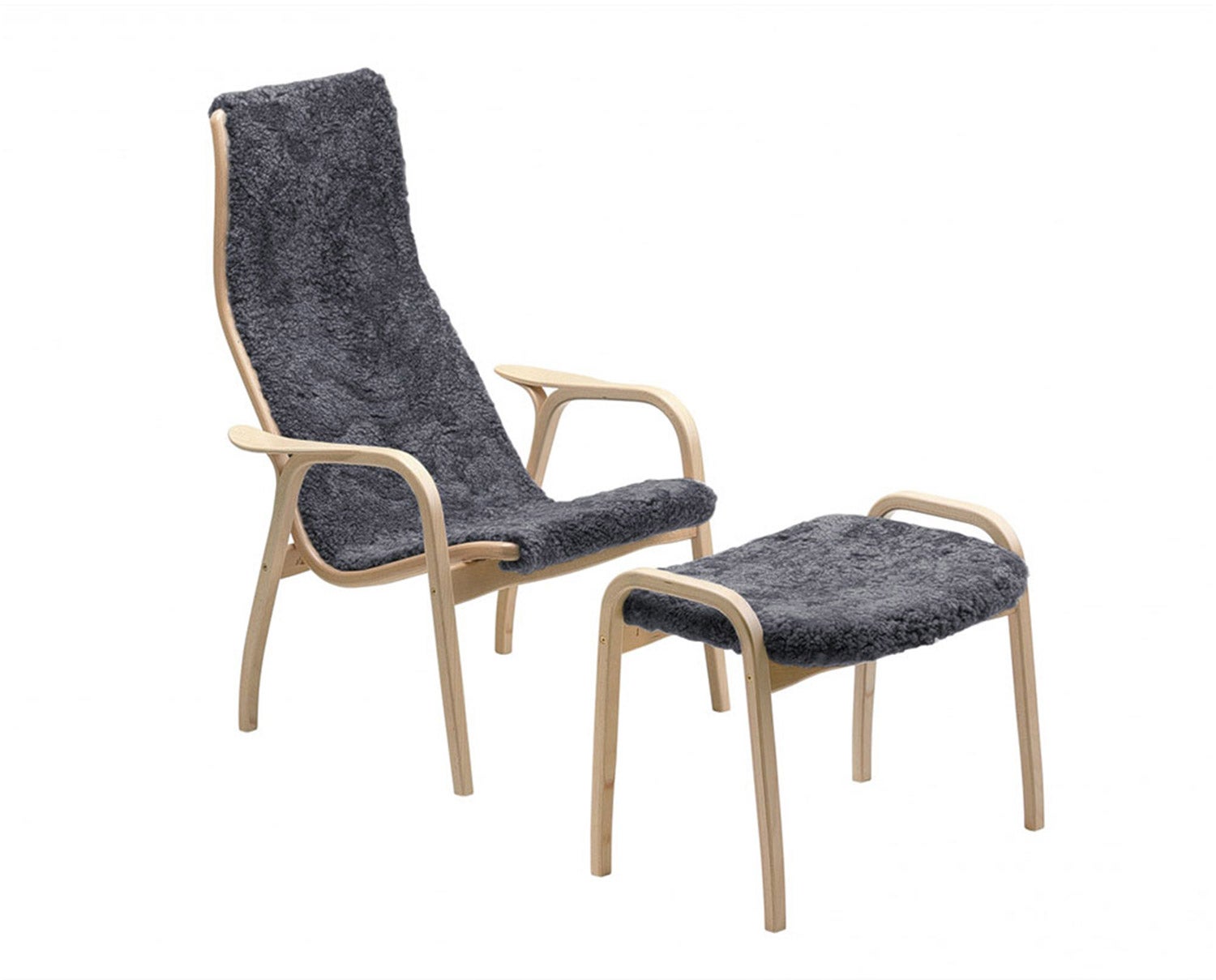 Lamino Fåtölj och fotpall i lackad bok i fårskinnet Charcoal