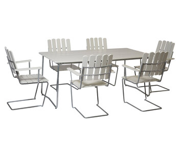 Matgrupp ett Bord B31 170 + sex stycken Fåtölj A2 i vitlackad ek från Grythyttan