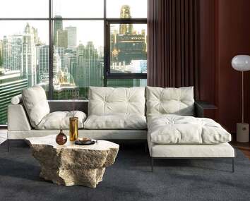 Study Divansoffa 3-sits framför fönster med utsikt över stad med skyskrapor